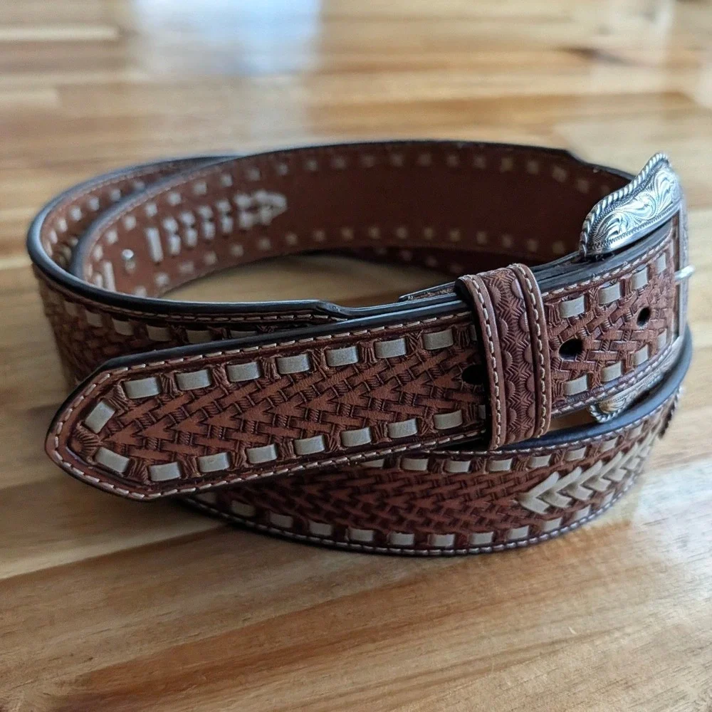 Nocona Mens Brown Leather Western Belt Basketweave Size 44 (For Pant Size 42)
